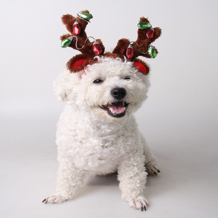HKM-4852285 Christmas Reindeer Dog Hat with Adjustable Elastic Band and Floral Decor for Small and Large Dogs