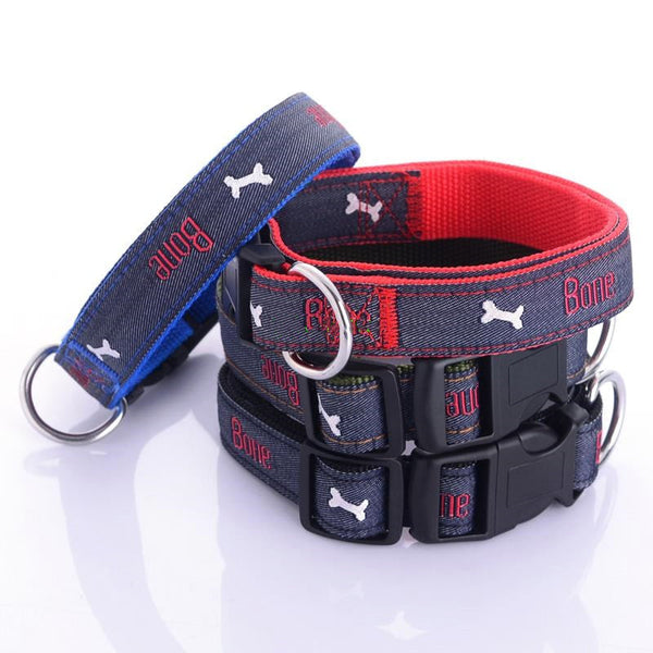 HKM-4852669 Embroidered Leather Dog Collar with Bone Design and Matching Leash in Various Sizes