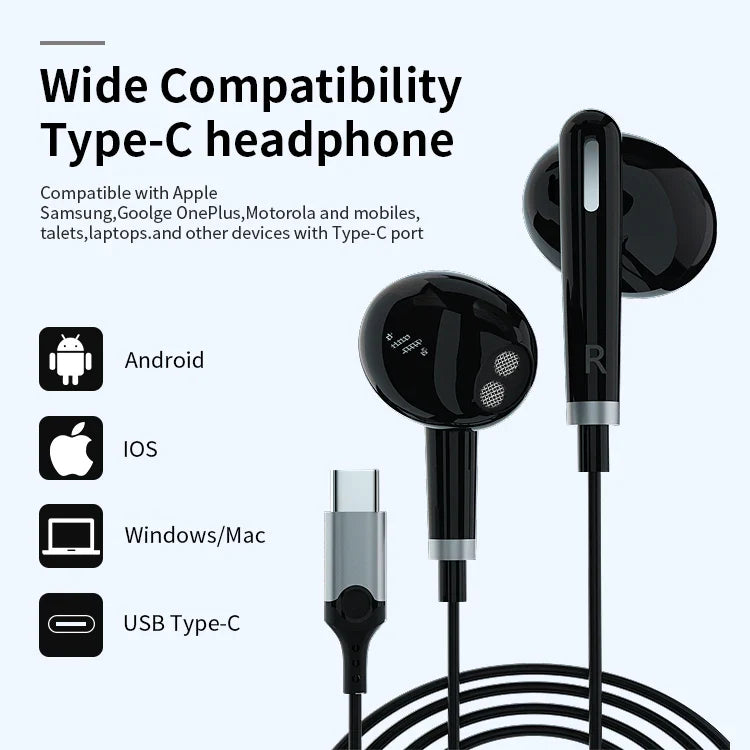 HKM-485715 Type-C Metal Wired Earbuds with DAC and Microphone for iPhone 15, Samsung, and Xiaomi