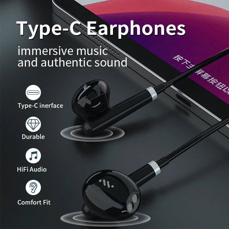 HKM-485715 Type-C Metal Wired Earbuds with DAC and Microphone for iPhone 15, Samsung, and Xiaomi
