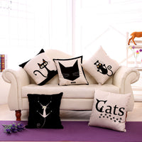 HKM-485779 Black and White Cartoon Cat Print Cotton Linen Cushion Cover 45x45 cm