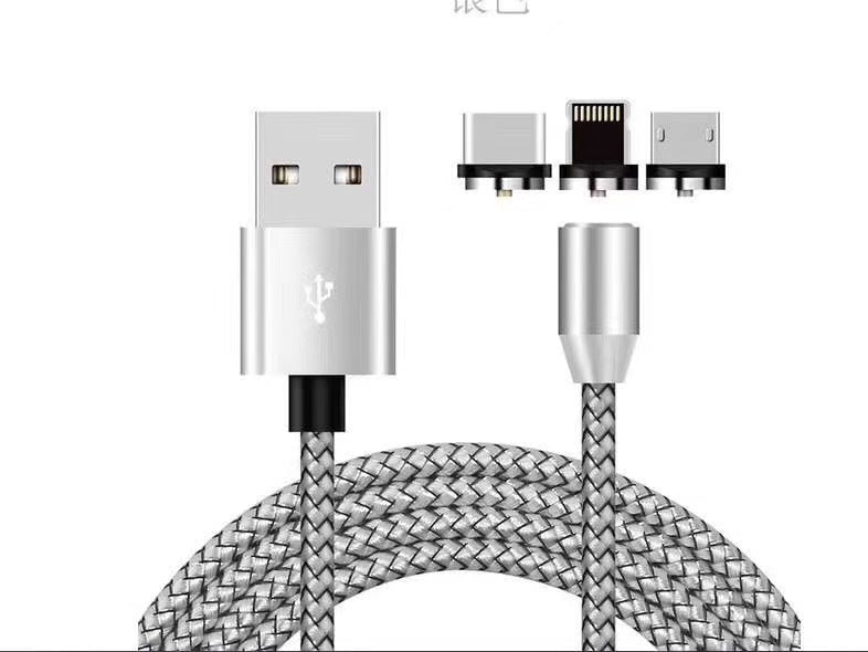 HKM-486099 Three-in-One Magnetic Charging Cable for Android, Type C, and Apple Devices - 1 Meter - 2A Current - Available in Black, Silver, Red, Gold