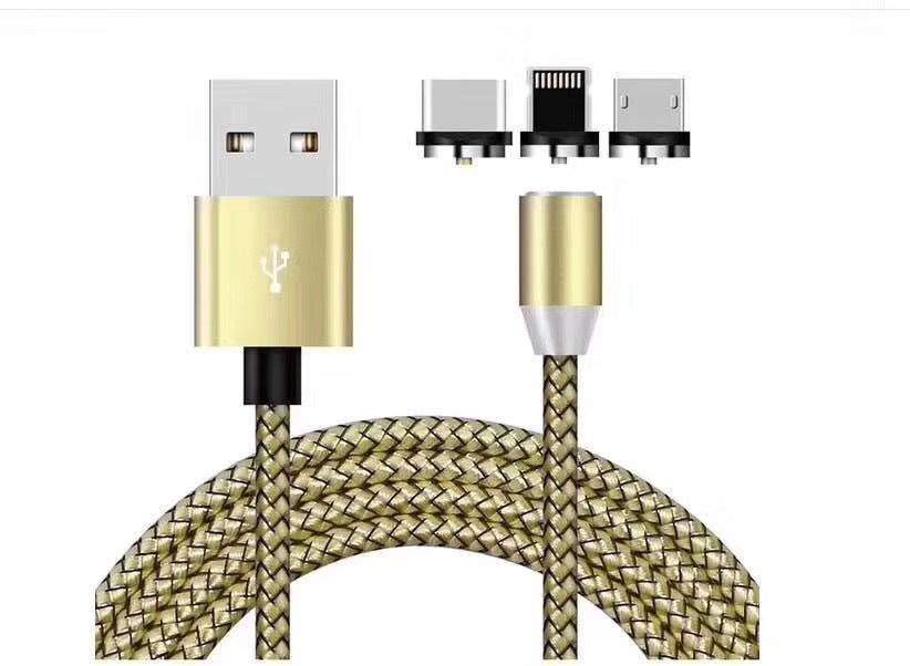 HKM-486099 Three-in-One Magnetic Charging Cable for Android, Type C, and Apple Devices - 1 Meter - 2A Current - Available in Black, Silver, Red, Gold