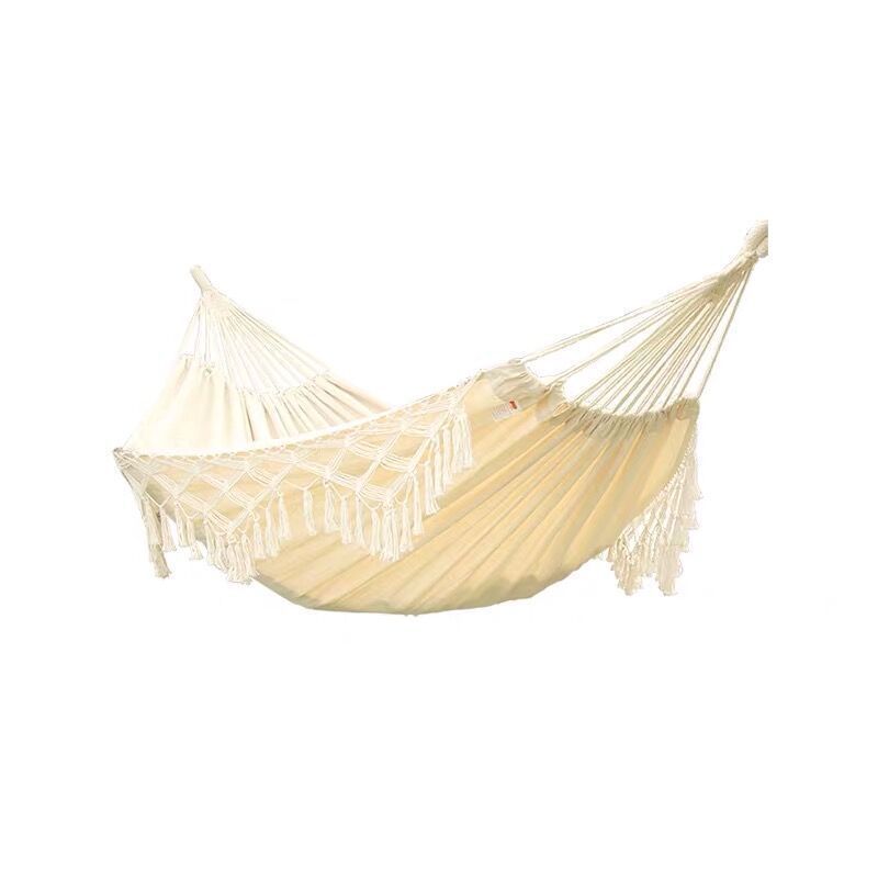 HKM-486419 Double Cotton Hammock with Tassels - Nordic Bohemian Style for Indoor & Outdoor Use, 200 cm x 150 cm, 200 kg Capacity