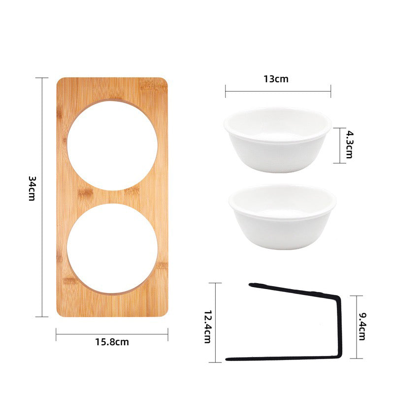 HKM-4866365 Tall Ceramic Cat Water Bowl with Bamboo and Iron Frame, Non-Slip Design, 2 Bowls Included