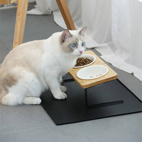 HKM-4866365 Tall Ceramic Cat Water Bowl with Bamboo and Iron Frame, Non-Slip Design, 2 Bowls Included