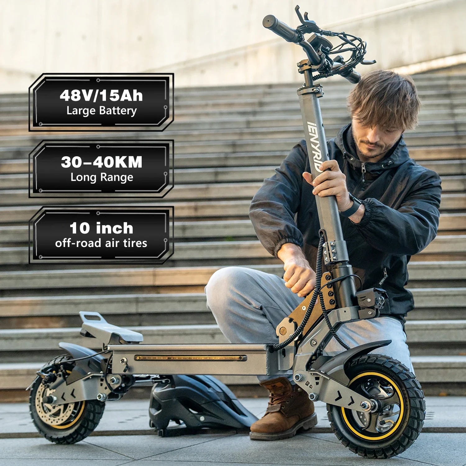 HKM-486739 Foldable 10-Inch Electric Scooter with 15Ah Battery, 45KM Range, Front and Rear Disc Brakes, for Adults and Kids