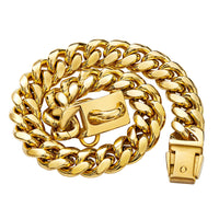 HKM-4868157 14mm Stainless Steel Cuban Chain Dog Collar with Lock Buckle in Gold and Silver