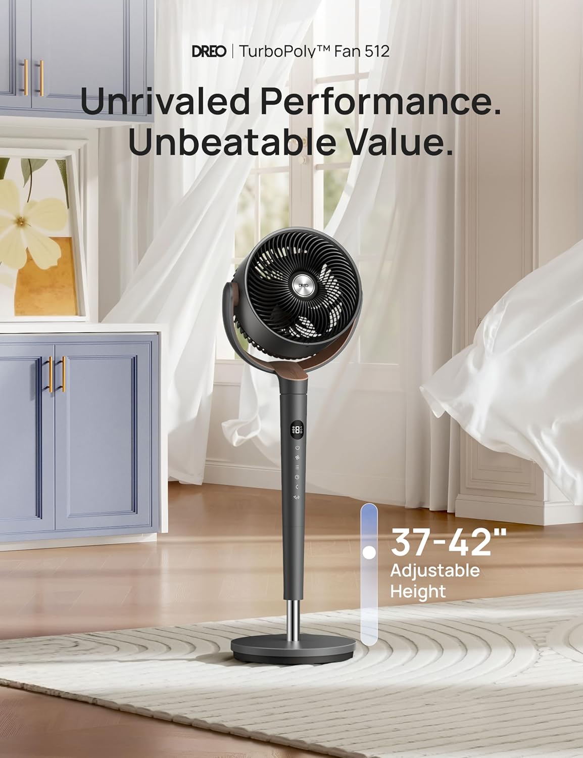 HKM-4869459 Oscillating Standing Fan with DC Motor, 120° Vertical Tilt, 9 Speeds, 4 Modes, 20dB Noise Level, Adjustable Height 37-42", 8H Timer