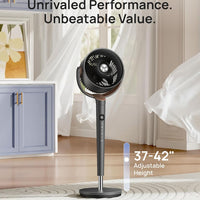 HKM-4869459 Oscillating Standing Fan with DC Motor, 120° Vertical Tilt, 9 Speeds, 4 Modes, 20dB Noise Level, Adjustable Height 37-42", 8H Timer