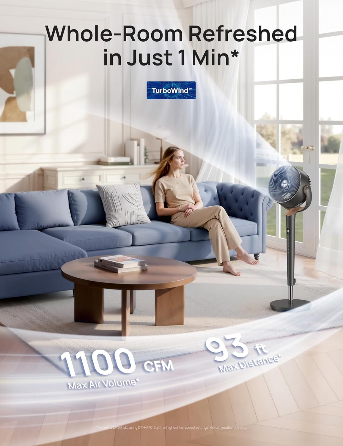 HKM-4869459 Oscillating Standing Fan with DC Motor, 120° Vertical Tilt, 9 Speeds, 4 Modes, 20dB Noise Level, Adjustable Height 37-42", 8H Timer