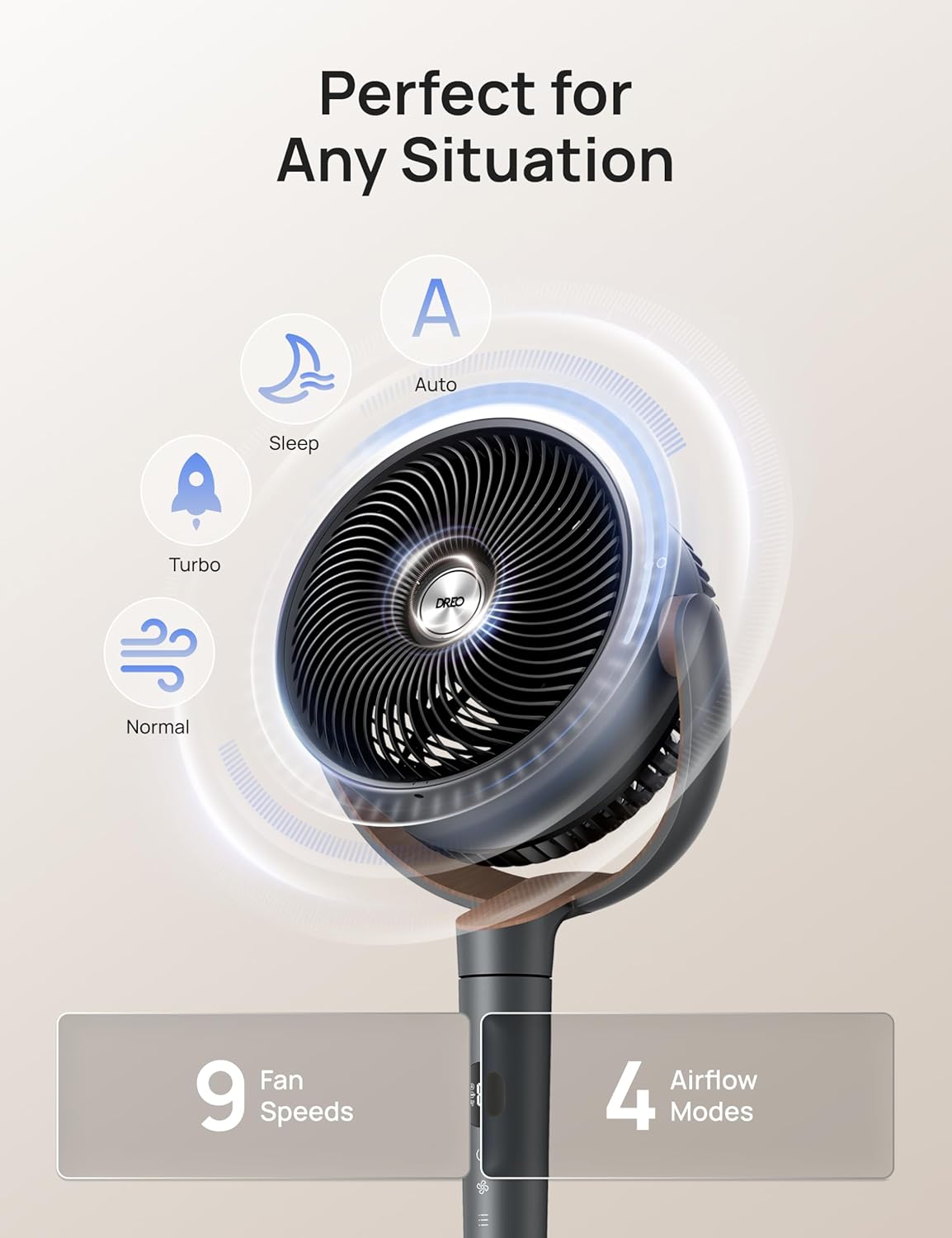 HKM-4869459 Oscillating Standing Fan with DC Motor, 120° Vertical Tilt, 9 Speeds, 4 Modes, 20dB Noise Level, Adjustable Height 37-42", 8H Timer