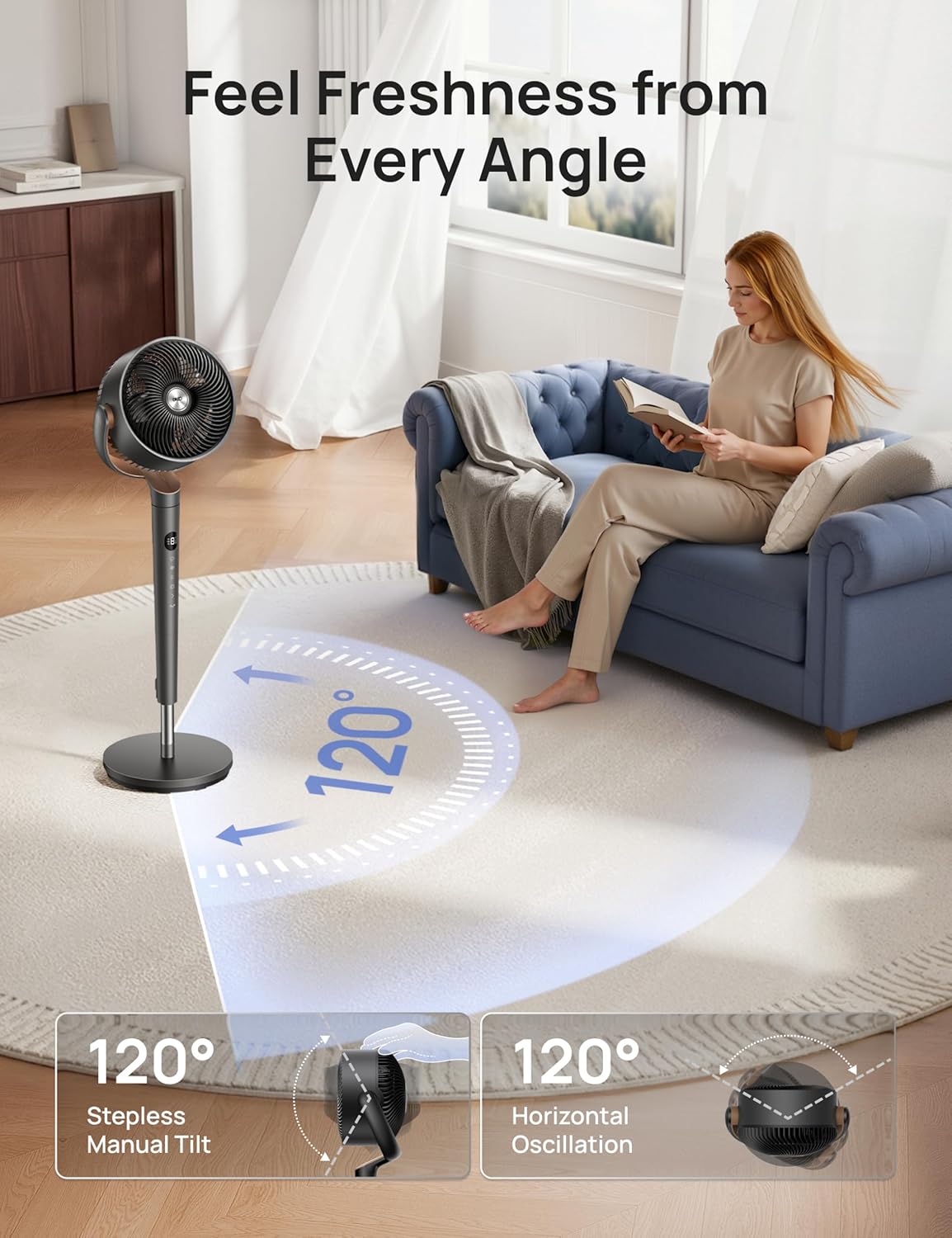 HKM-4869459 Oscillating Standing Fan with DC Motor, 120° Vertical Tilt, 9 Speeds, 4 Modes, 20dB Noise Level, Adjustable Height 37-42", 8H Timer