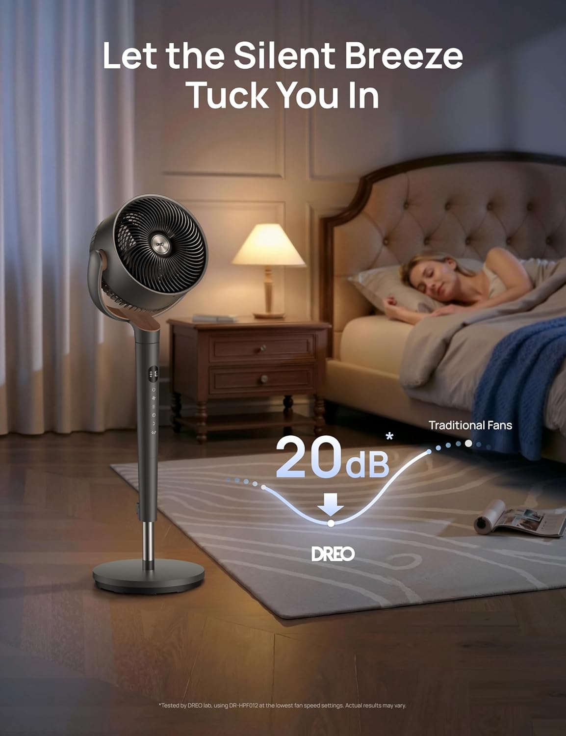 HKM-4869459 Oscillating Standing Fan with DC Motor, 120° Vertical Tilt, 9 Speeds, 4 Modes, 20dB Noise Level, Adjustable Height 37-42", 8H Timer