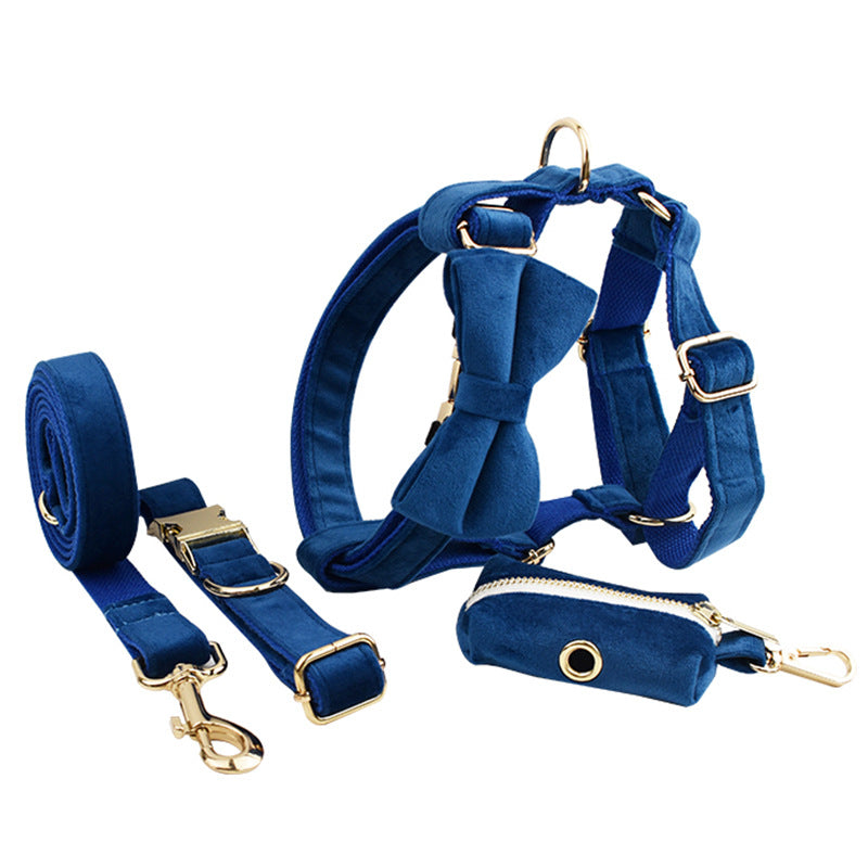 HKM-4871229 Stylish Velvet Pet Collar and Traction Rope Set with Bow and Flower Accessories