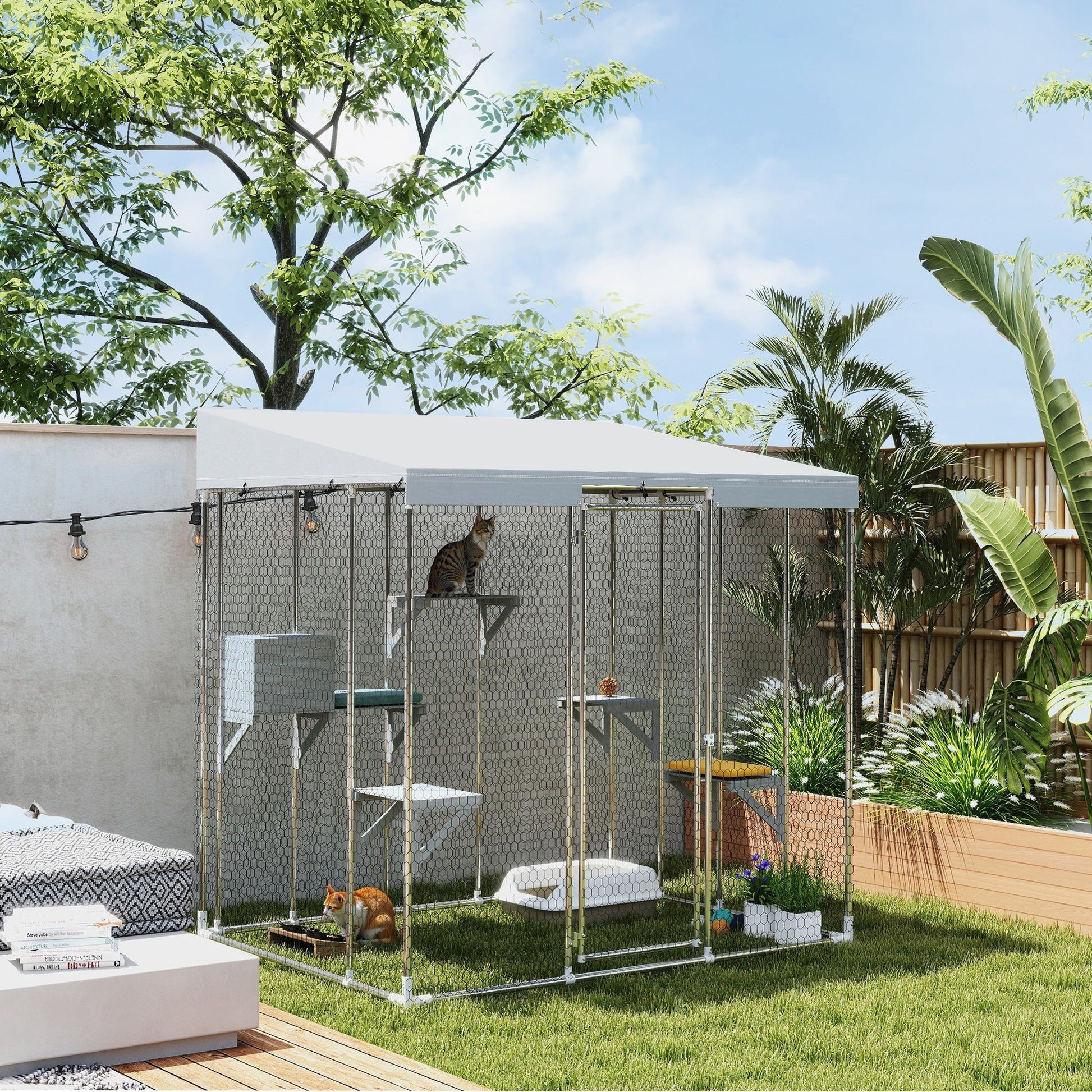 HKM-4871997 Spacious Outdoor Catio Enclosure for Cats with Hammock and Play Platforms