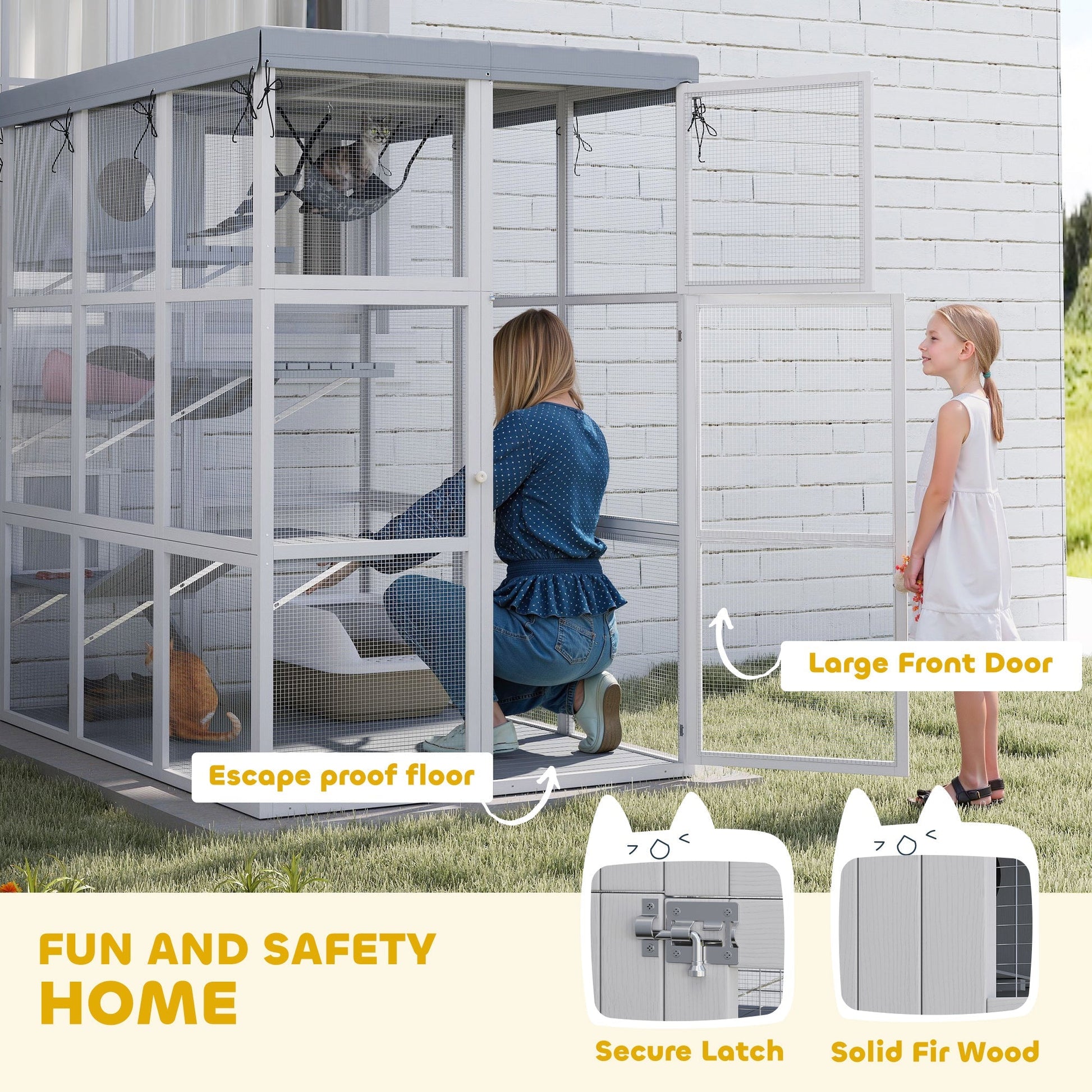 HKM-4871997 Spacious Outdoor Catio Enclosure for Cats with Hammock and Play Platforms