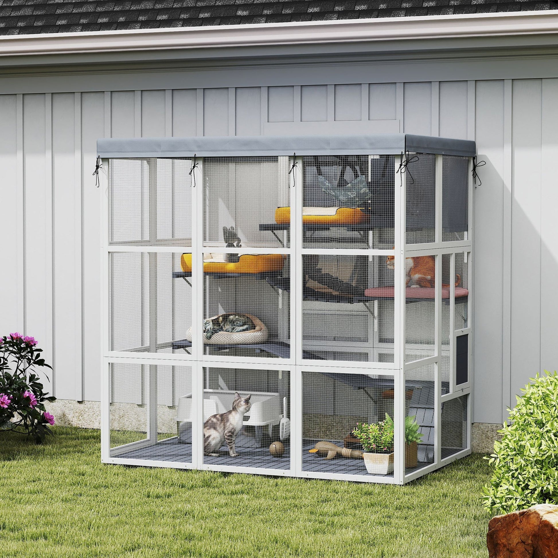 HKM-4871997 Spacious Outdoor Catio Enclosure for Cats with Hammock and Play Platforms