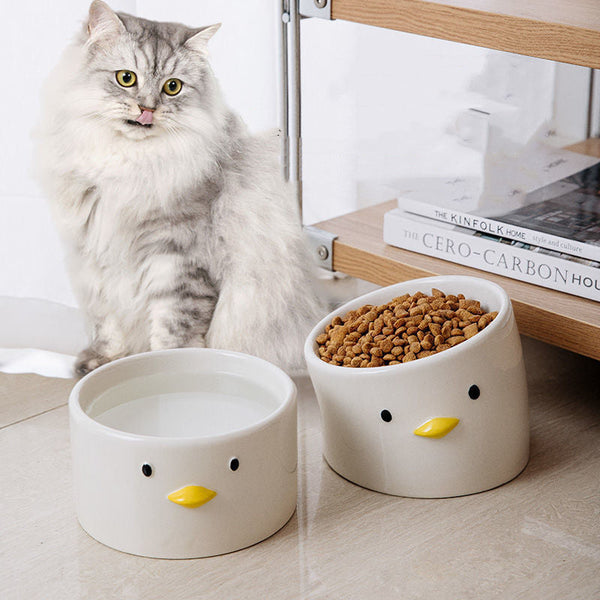 HKM-4872125 Ceramic Cat Bowl Set with Crooked Neck Design ¨C Flat and Inclined Bowls for Easy Pet Feeding