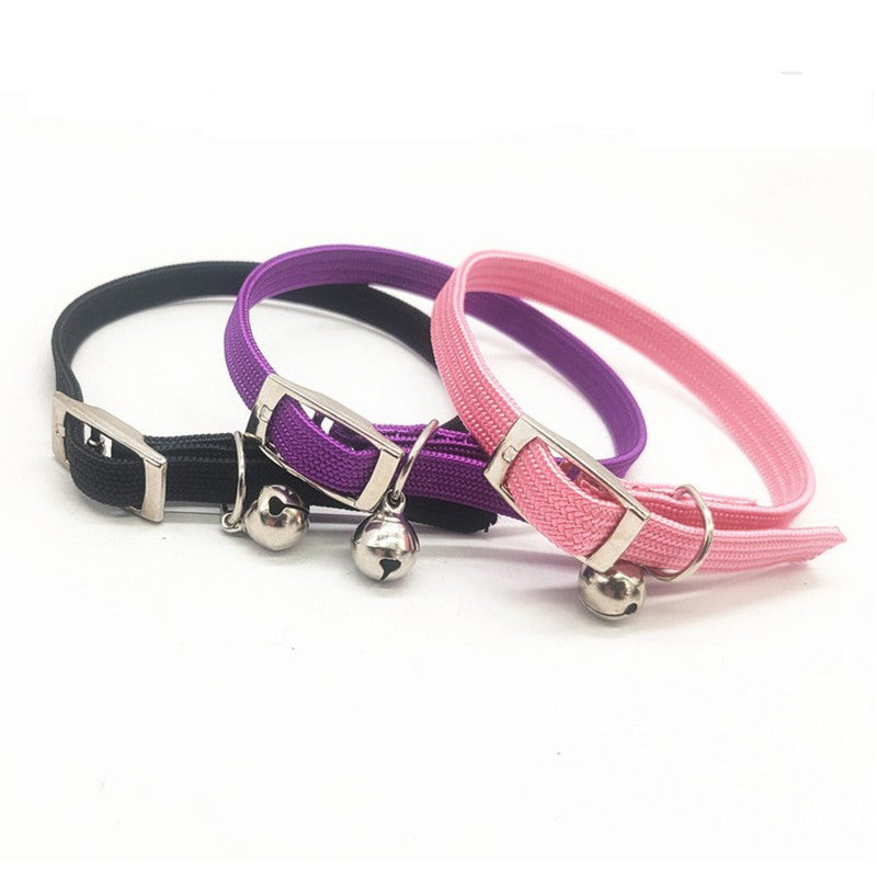 HKM-4873917 Adjustable Polyester Cat Collar with Bell - Monochrome Colors: Black, Purple, Pink