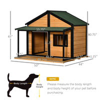 HKM-4875581 Wooden Raised Dog House with Porch, Asphalt Roof, Front Door & Side Window for Medium to Large Dogs