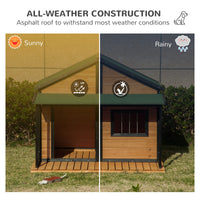 HKM-4875581 Wooden Raised Dog House with Porch, Asphalt Roof, Front Door & Side Window for Medium to Large Dogs