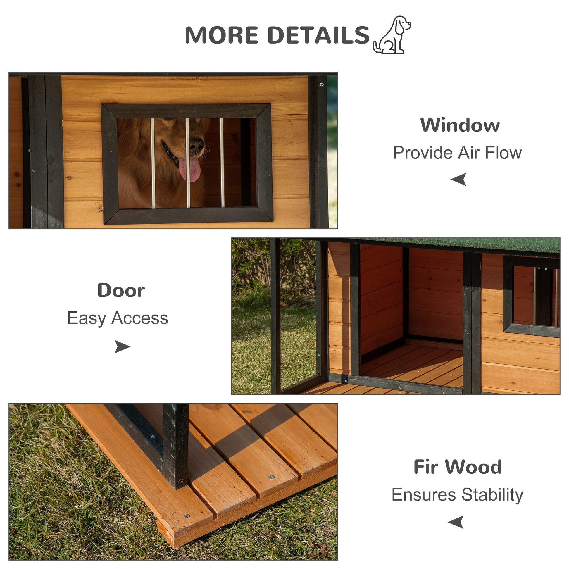 HKM-4875581 Wooden Raised Dog House with Porch, Asphalt Roof, Front Door & Side Window for Medium to Large Dogs