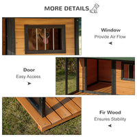 HKM-4875581 Wooden Raised Dog House with Porch, Asphalt Roof, Front Door & Side Window for Medium to Large Dogs