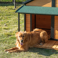 HKM-4875581 Wooden Raised Dog House with Porch, Asphalt Roof, Front Door & Side Window for Medium to Large Dogs