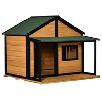 HKM-4875581 Wooden Raised Dog House with Porch, Asphalt Roof, Front Door & Side Window for Medium to Large Dogs