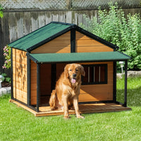 HKM-4875581 Wooden Raised Dog House with Porch, Asphalt Roof, Front Door & Side Window for Medium to Large Dogs