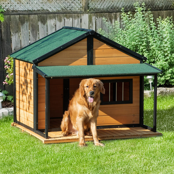 HKM-4875581 Wooden Raised Dog House with Porch, Asphalt Roof, Front Door & Side Window for Medium to Large Dogs
