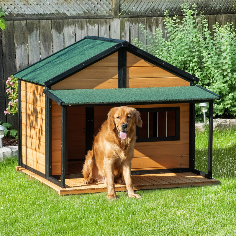 HKM-4875581 Wooden Raised Dog House with Porch, Asphalt Roof, Front Door & Side Window for Medium to Large Dogs