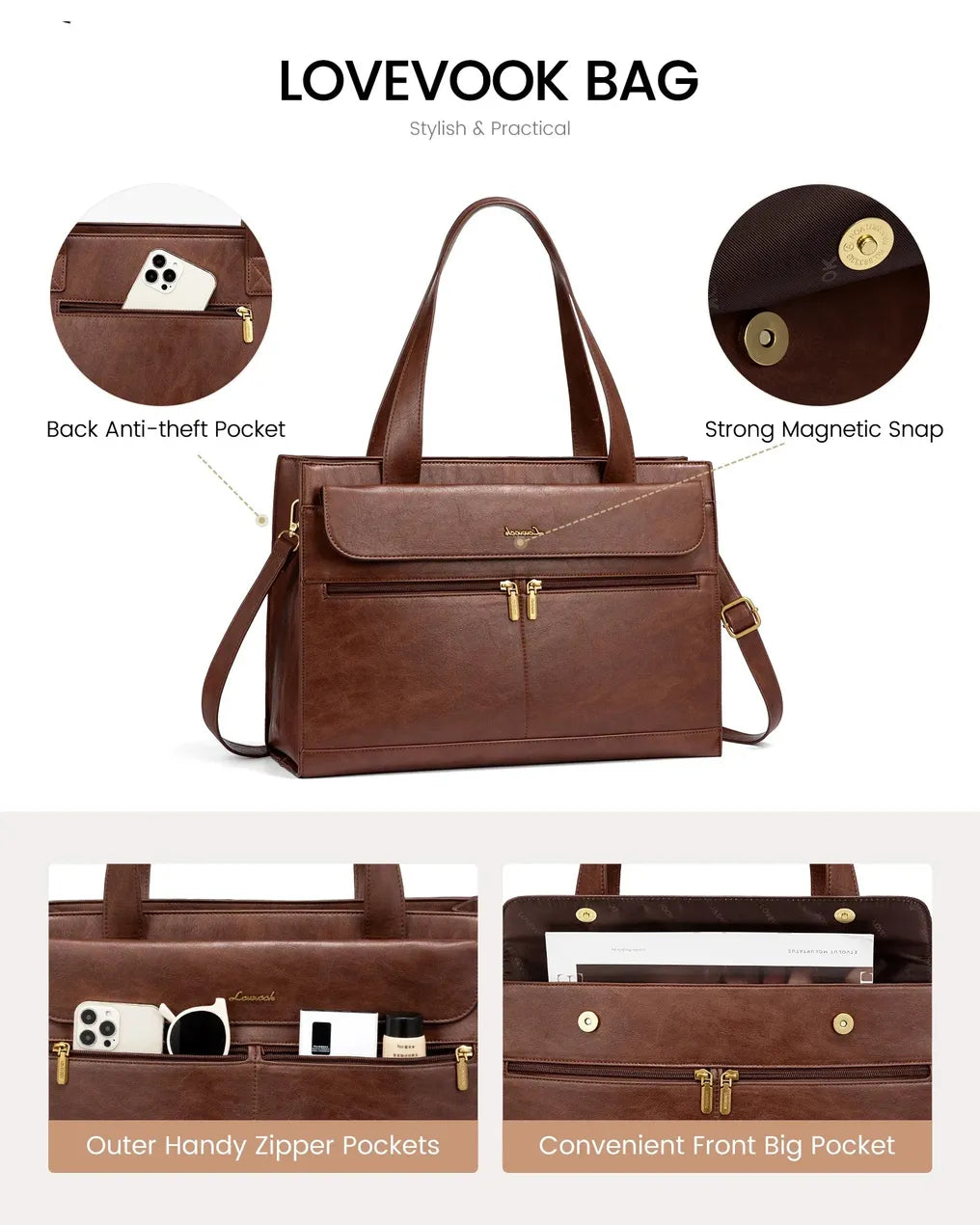 HKM-487571 Vintage Leather 15.6 in Computer Bag Briefcase for Women Laptop and Work Tote with Clutch Purse