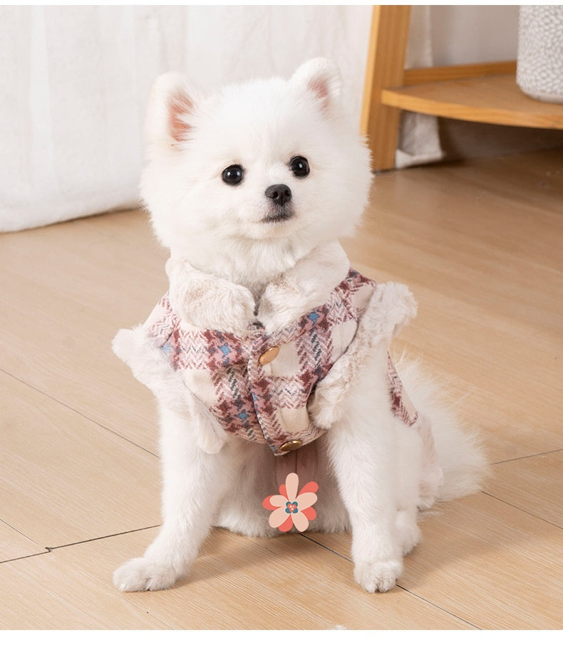 HKM-4876477 Thermal Velvet Rabbit Fur Plaid Coat for Pets - Autumn & Winter Styles in Pink and Blue