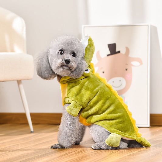 HKM-4877501 Dinosaur Design Coral Fleece Pet Clothes for Autumn and Winter - Green, Sizes XS to 4L