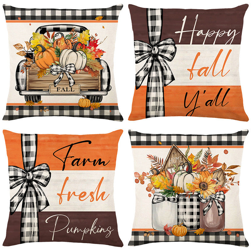 HKM-487827 Fall Pumpkin Truck Sunflowers Throw Pillow Cover, 18 x 18 Inch Autumn Home Decor
