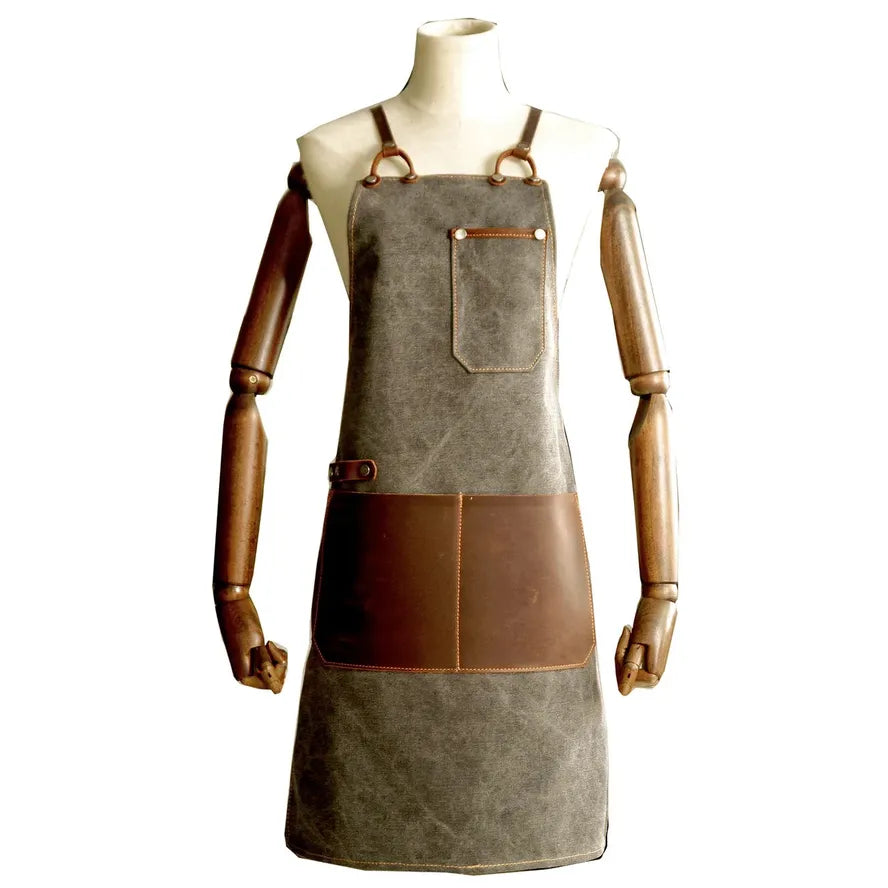 HKM-487891 Vintage Handmade Canvas Apron for Kitchen and Cafe Work, Unisex Leather Trim