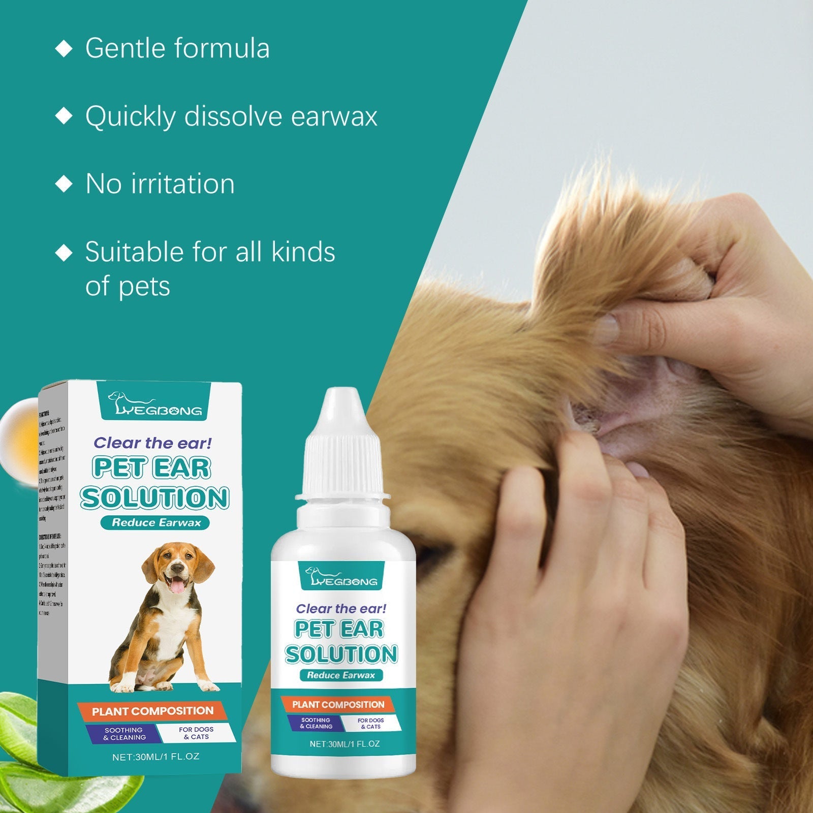 HKM-4879549 Pet Ear Cleaning and Decontamination Solution - 30ML Wash for Cats and Dogs