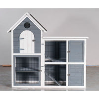 HKM-488019 Weatherproof 2-Story Wooden Chicken Coop and Rabbit Hutch with No-Leak Pull-Out Tray - Grey/Blue
