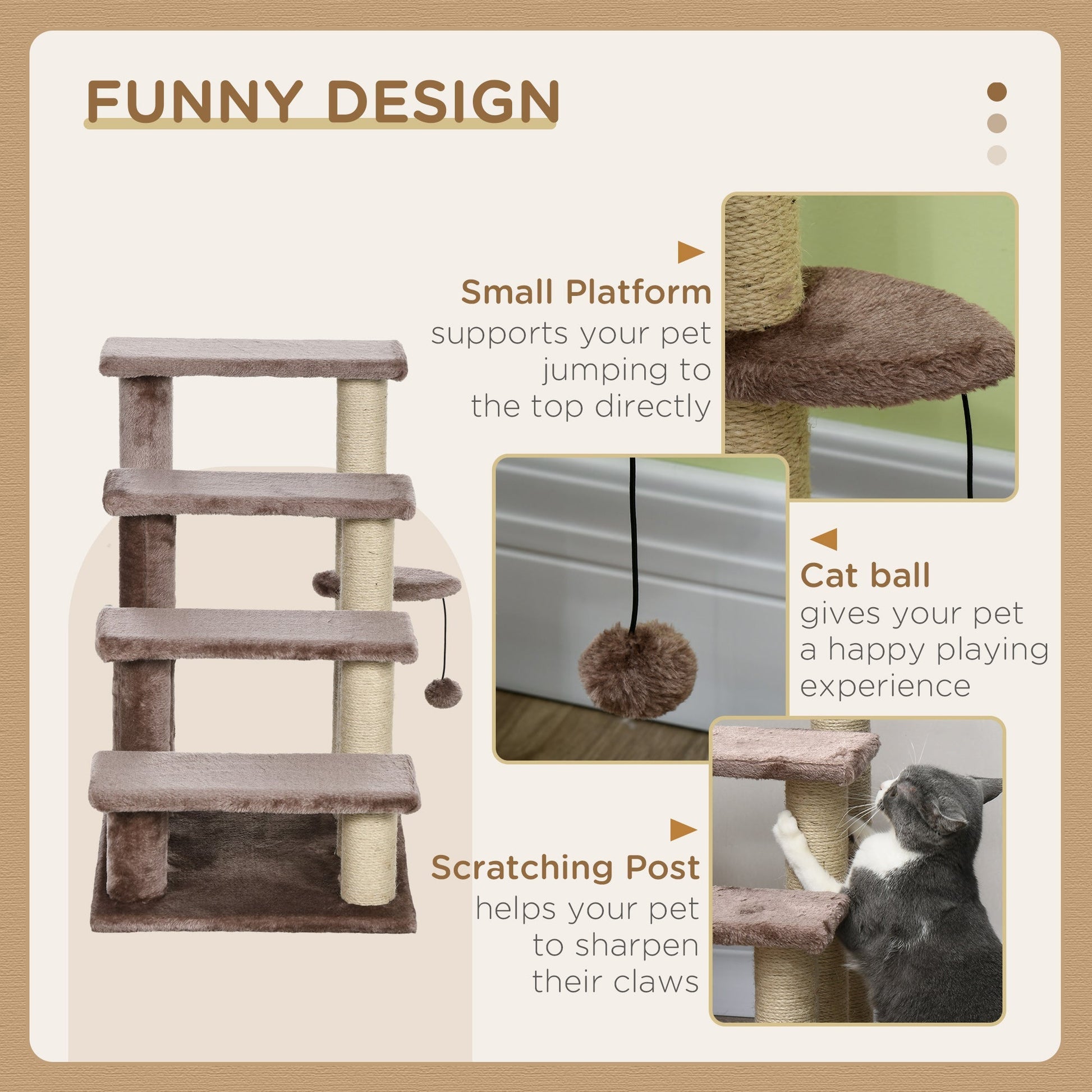HKM-4880957 Four-Level Cat Steps with Scratching Posts for High Beds and Sofas, Brown