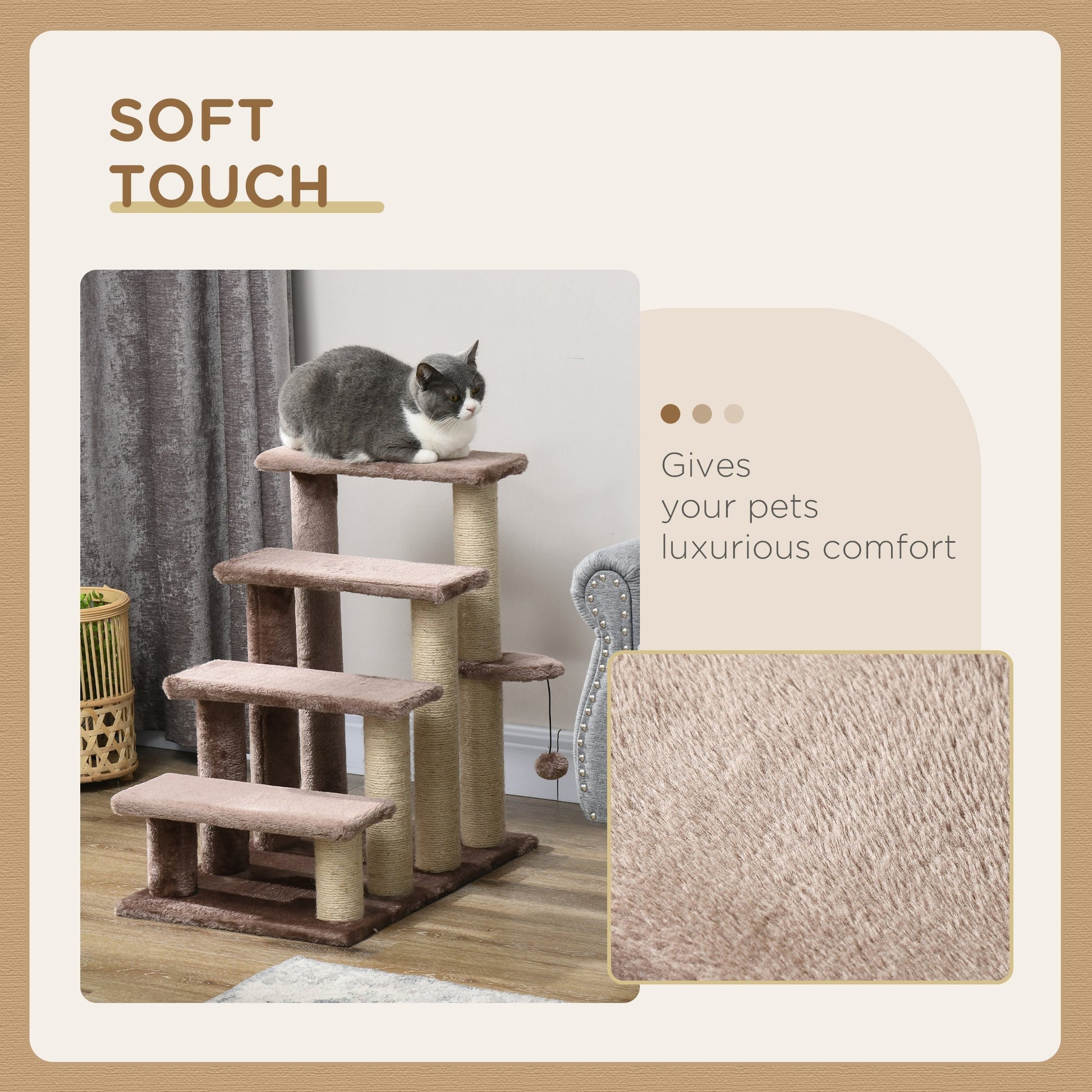 HKM-4880957 Four-Level Cat Steps with Scratching Posts for High Beds and Sofas, Brown