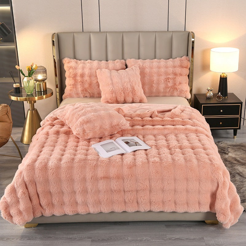 HKM-488339 Cozy Solid Color Rabbit Plush Blanket and Pillow Covers for Winter Use