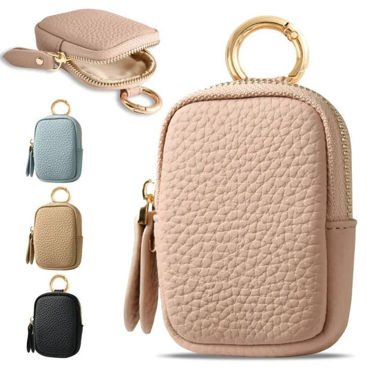 HKM-489043 Small Leather Coin Purse with Zipper and Keychain for Easy Access