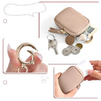 HKM-489043 Small Leather Coin Purse with Zipper and Keychain for Easy Access