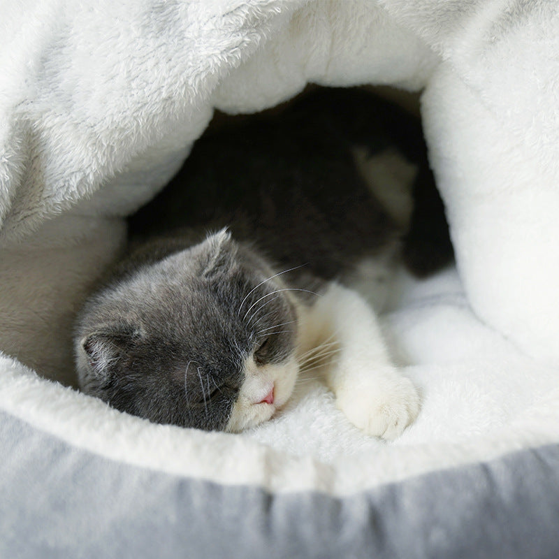 HKM-4893245 Plush Semi-Closed Velvet Cat Kennel with Door Curtain for Cozy Comfort