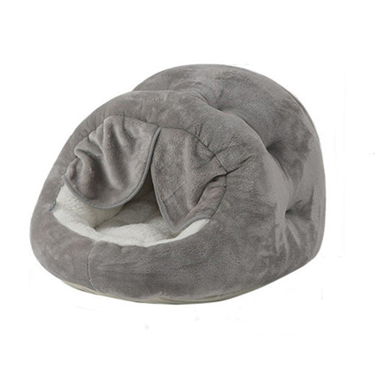 HKM-4893245 Plush Semi-Closed Velvet Cat Kennel with Door Curtain for Cozy Comfort