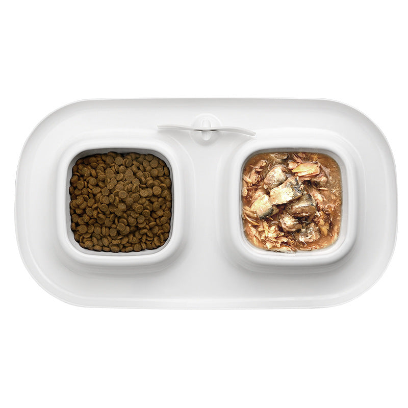 HKM-4893373 Milky White Double Bowl Pet Cat Dish Made of Durable Plastic