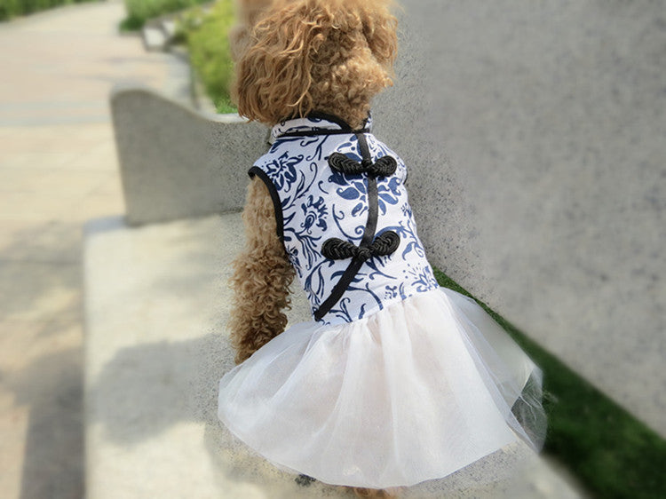 HKM-4893757 Cotton and Linen Blue and White Porcelain Cheongsam Skirt for Dogs