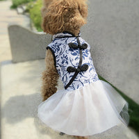 HKM-4893757 Cotton and Linen Blue and White Porcelain Cheongsam Skirt for Dogs